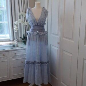 Jonathan Simkhai Womens Blue Smocked V-Neck Crinkly Maxi Dress Tie Shoulders SM